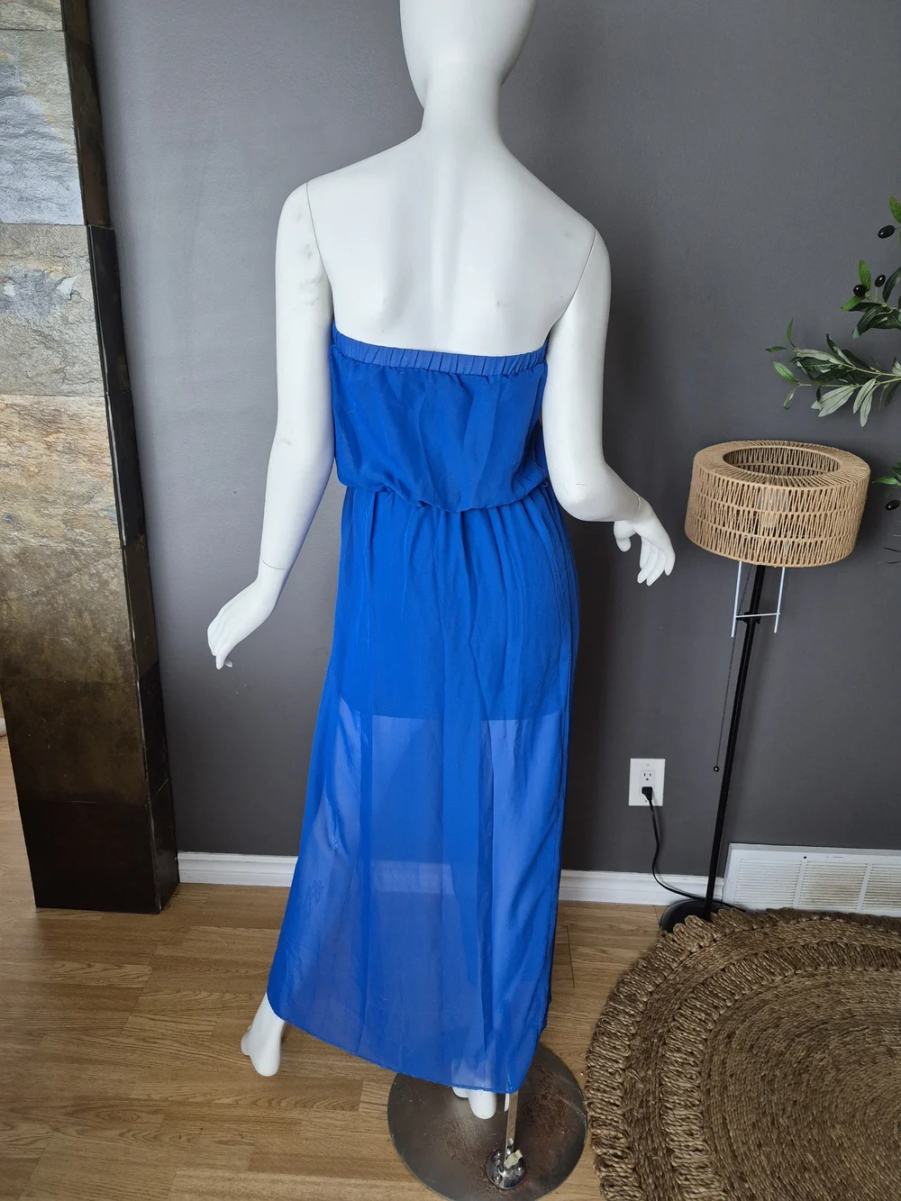 Strapless Royal Blue Sheer High-Slit Maxi Dress - Picture 2 of 3